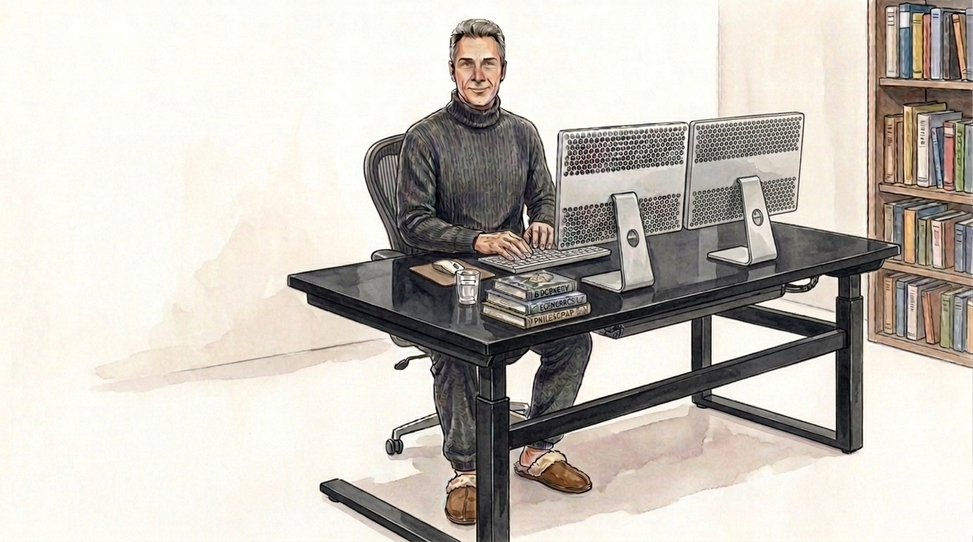 Watercolor sketch of the developer at his desk