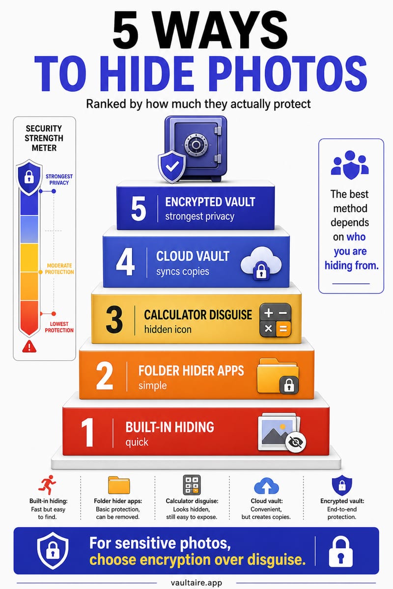 App to Hide Photos or Pictures: 5 Approaches Ranked by Security (2026) — illustrated Vaultaire guide card