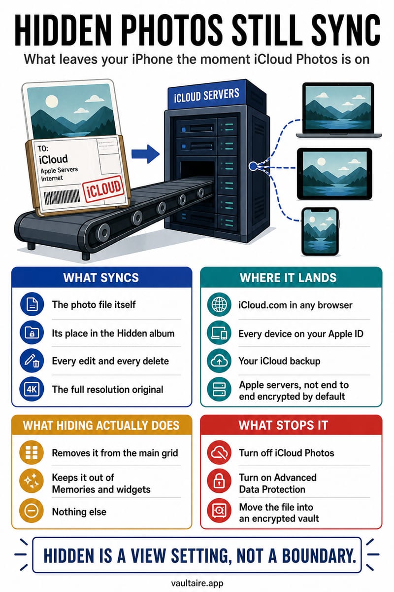 Are Hidden Photos Saved to iCloud? What Actually Syncs — illustrated Vaultaire guide card