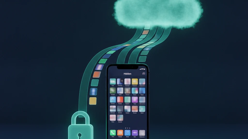 Ilustrace iPhone Hidden albu synchronizujícího se s iCloud na pozadí přechodu mezi námořnickou modrou a tyrkysovou.
