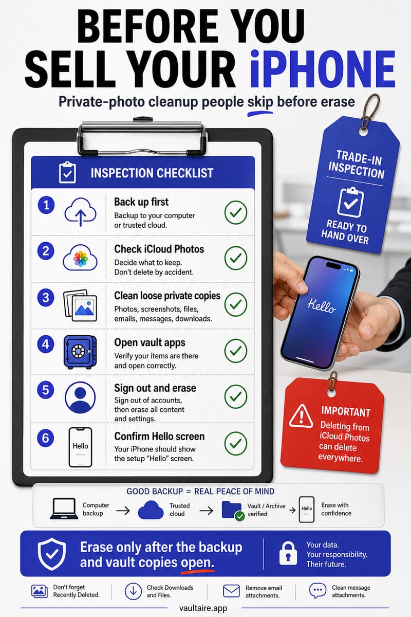 Before Selling Your iPhone: Private Photo Cleanup Checklist — illustrated Vaultaire guide card
