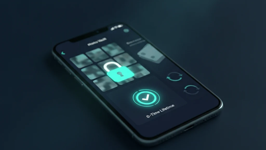 หน้าจอ iPhone แสดงแอป Vaultaire photo vault พร้อมตัวเลือกปลดล็อกตลอดชีพแบบชำระครั้งเดียว และการเปรียบเทียบราคาระหว่างแผนรายปีกับแผนตลอดชีพ