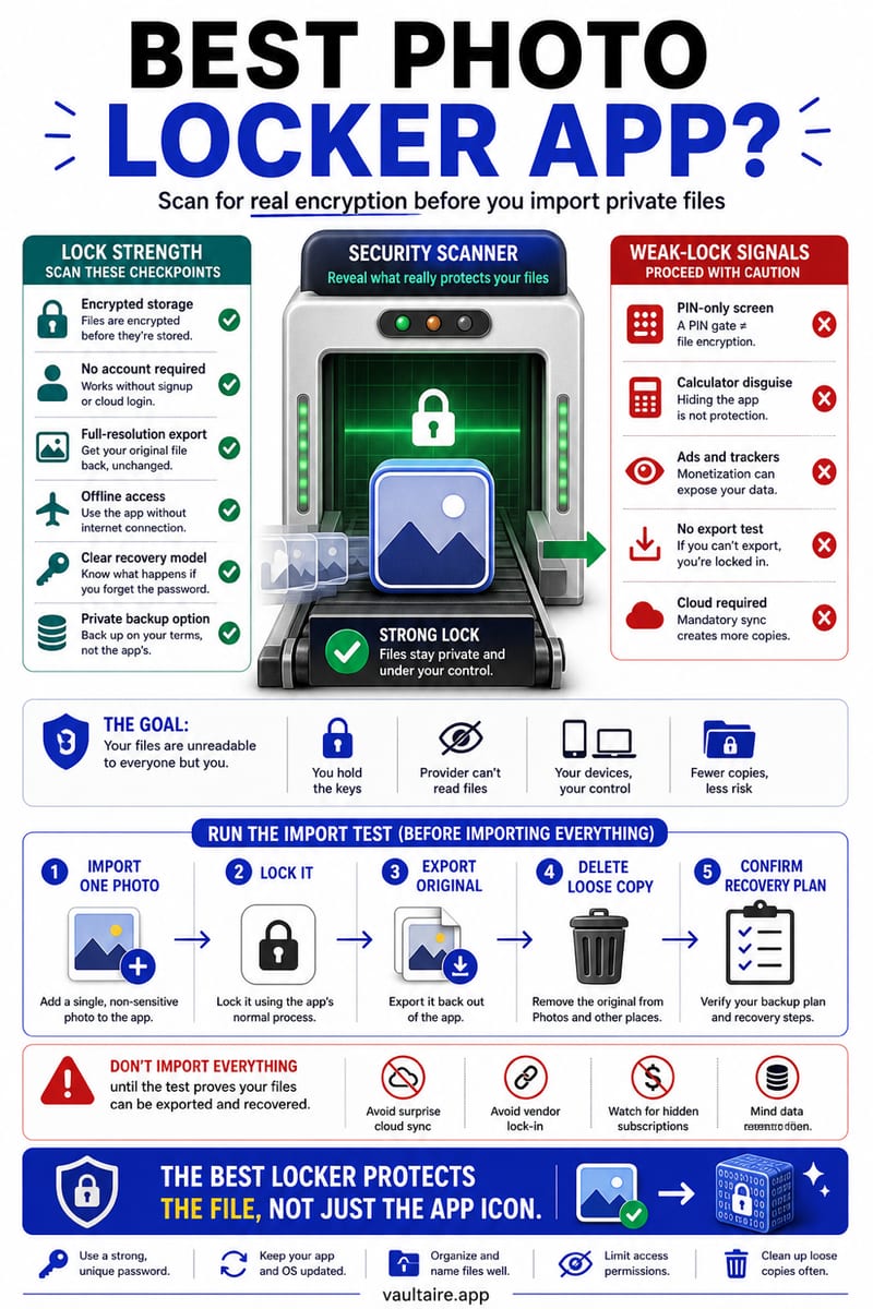 Best Photo Locker App for iPhone (2026): Which One Actually Encrypts — illustrated Vaultaire guide card