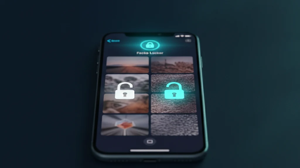 Un iPhone sobre una taula que mostra una aplicació de bloqueig de fotos amb un bloqueig de Face ID sobre una graella de miniatures de fotos xifrades i difuminades