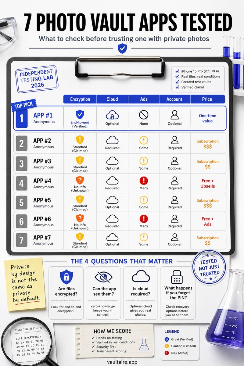 7 Best Photo Vault Apps for iPhone in 2026 (Tested) — illustrated Vaultaire guide card