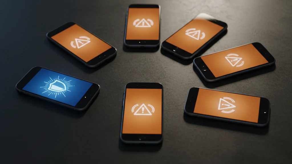 Seven iPhones on a dark surface showing encrypted vs unencrypted photo vault apps