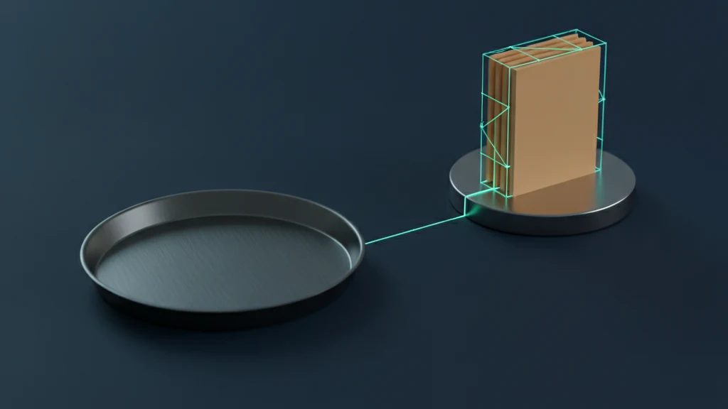 En mørk marineblå overflade med en tom rund metalbakke ved siden af en hævet piedestal stablet med tomme sandfarvede fototiles, med en tynd petroleumsblå linje der løber fra den tomme bakke til piedestalen.