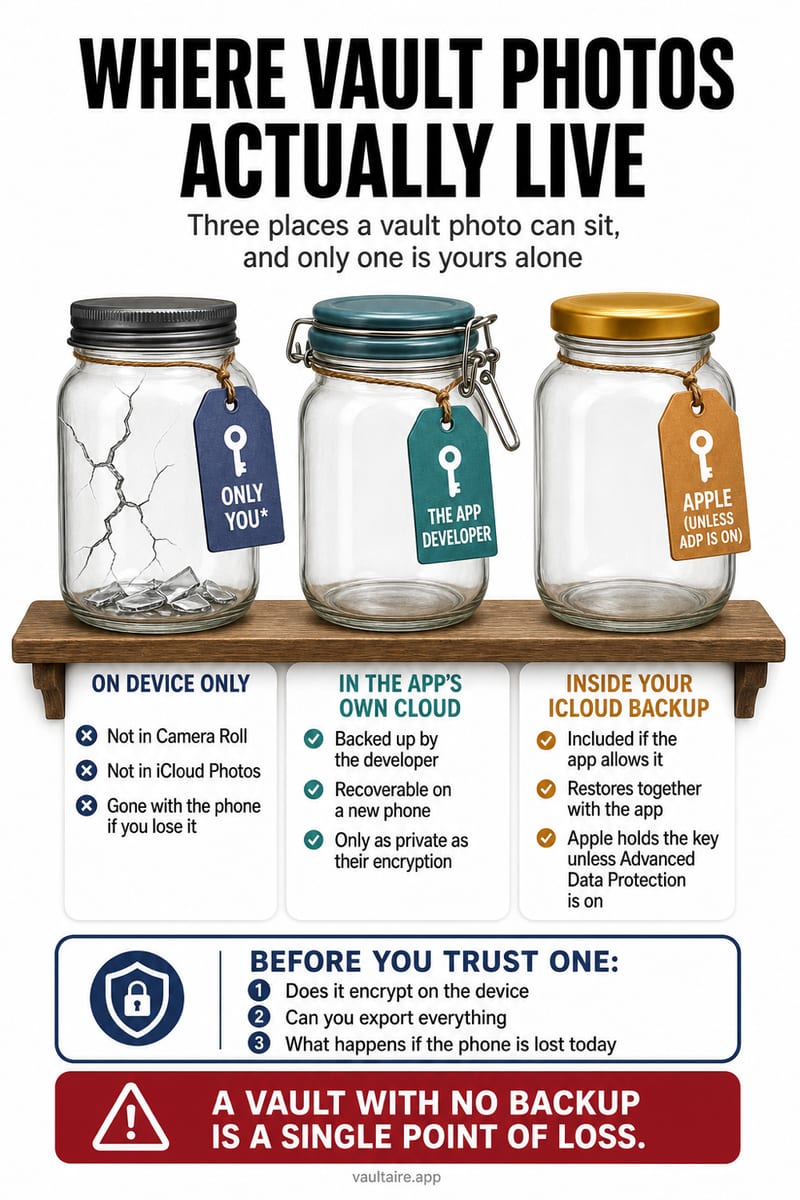 Do Photo Vault Apps Back Up to iCloud? Where Vault Photos Live — illustrated Vaultaire guide card