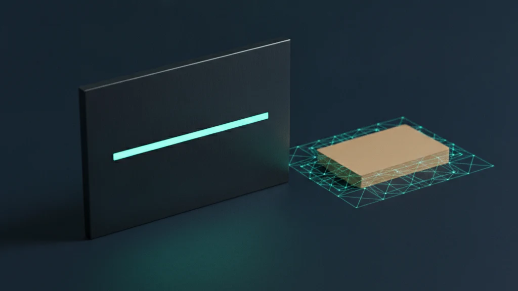 A wide dark matte panel stands upright on a navy surface with a single bar of teal light glowing across it, while a neat stack of blank sand colored cards rests beside the panel inside a lattice of thin teal light lines.