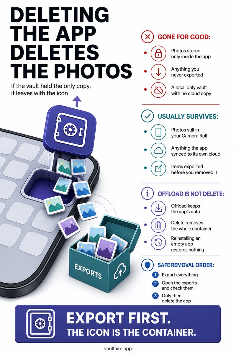 Does Deleting a Photo Vault App Delete Your Photos? — illustrated Vaultaire guide card