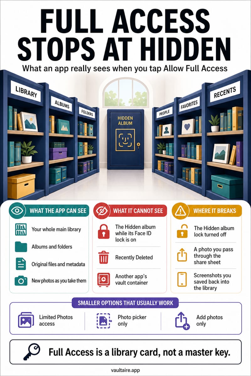 Does Full Access to Photos Include Hidden Photos? (2026) — illustrated Vaultaire guide card