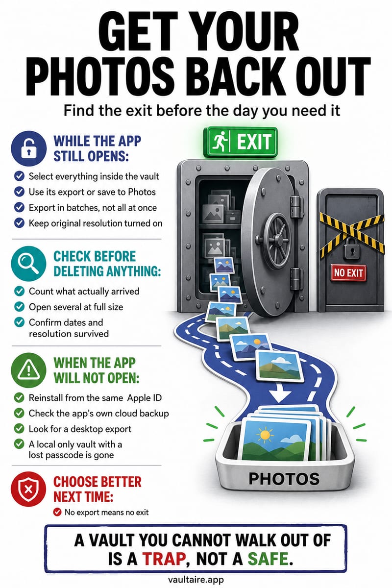 How to Get Photos Out of a Vault App on iPhone — illustrated Vaultaire guide card