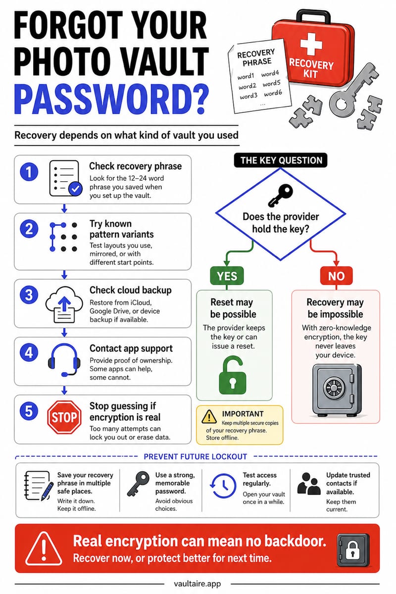 Forgot Photo Vault Password? Recovery Options Explained — illustrated Vaultaire guide card