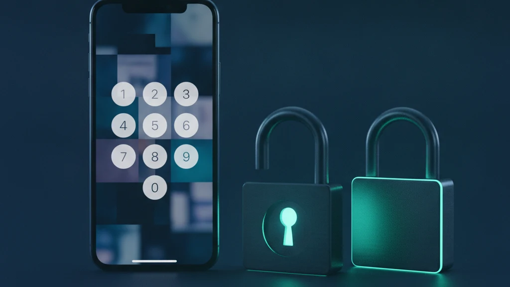 Pantalla d'una aplicació de caixa forta de fotos a l'iPhone amb un teclat PIN al costat d'un cadenat obert, que mostra que amagar no és el mateix que xifrar.