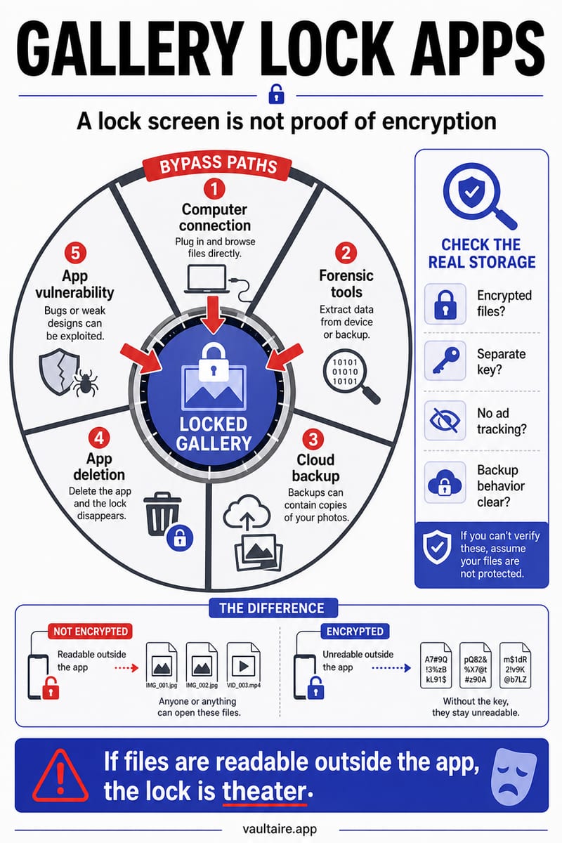 Gallery Lock Apps: Do They Actually Protect Your Photos? — illustrated Vaultaire guide card