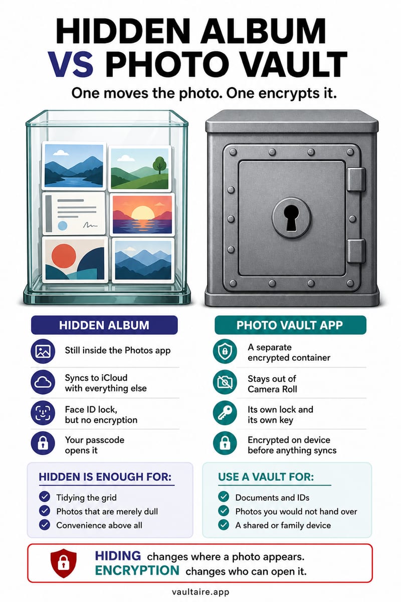 Hidden Album vs Photo Vault App: Which Protects iPhone Photos? — illustrated Vaultaire guide card