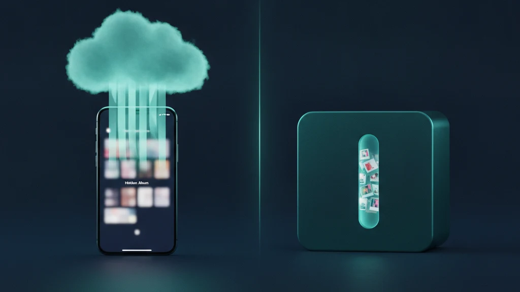Il·lustració dividida que compara un àlbum Ocult d'iPhone sincronitzant-se amb iCloud amb un emmagatzematge de fotos offline bloquejat, sobre un gradient blau marí i teal.