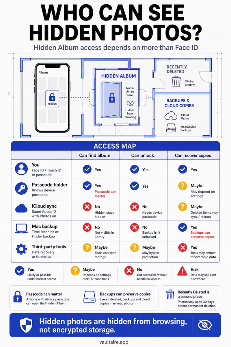 Hidden Photos on iPhone: Where They Go and Who Can See Them — illustrated Vaultaire guide card