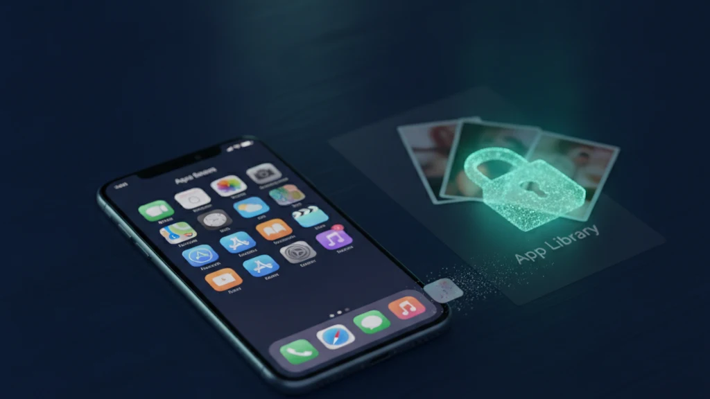 En iPhone startskærm med et appikon der toner ud på en skjult App Library-side, mens en separat glødende teal hængelås forsegler de private fotos som appen indeholdt
