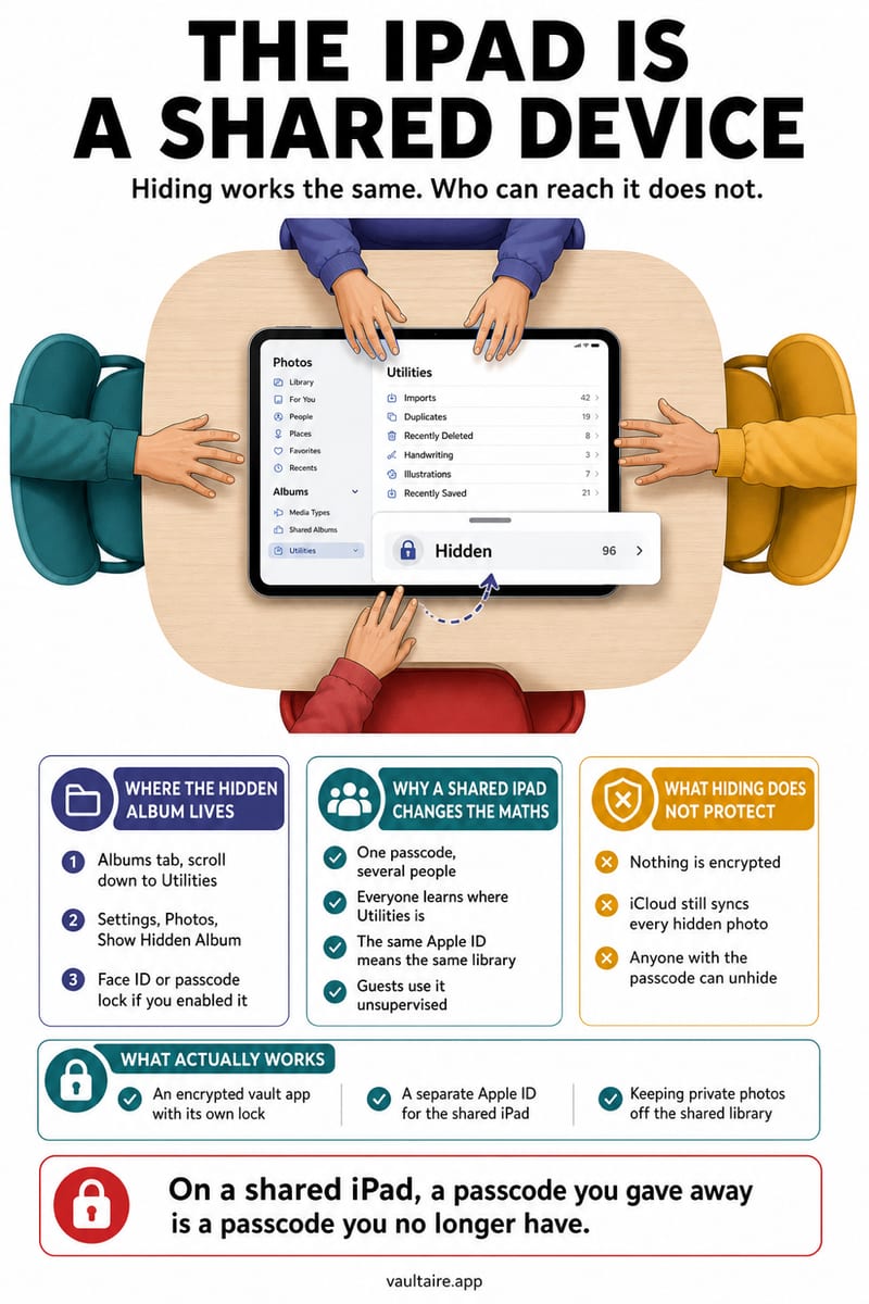 How to Hide Photos on iPad (and Who Can Still See Them) — illustrated Vaultaire guide card