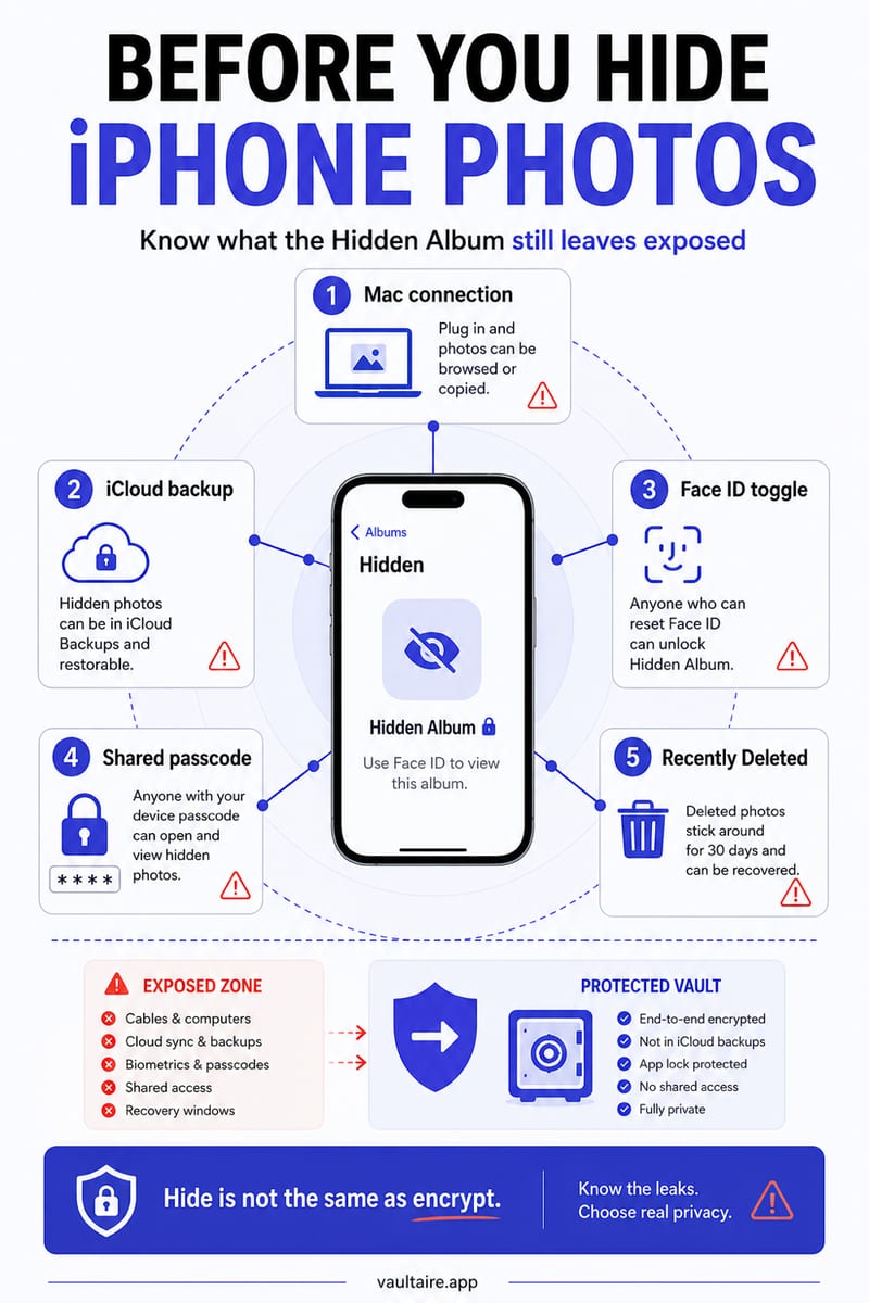 How to Hide Photos on iPhone in 2026 (Complete Guide) — illustrated Vaultaire guide card