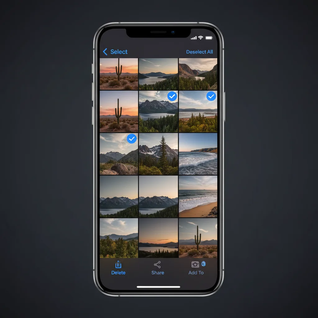 iPhone Photos app in selection mode with blue checkmarks on selected photos