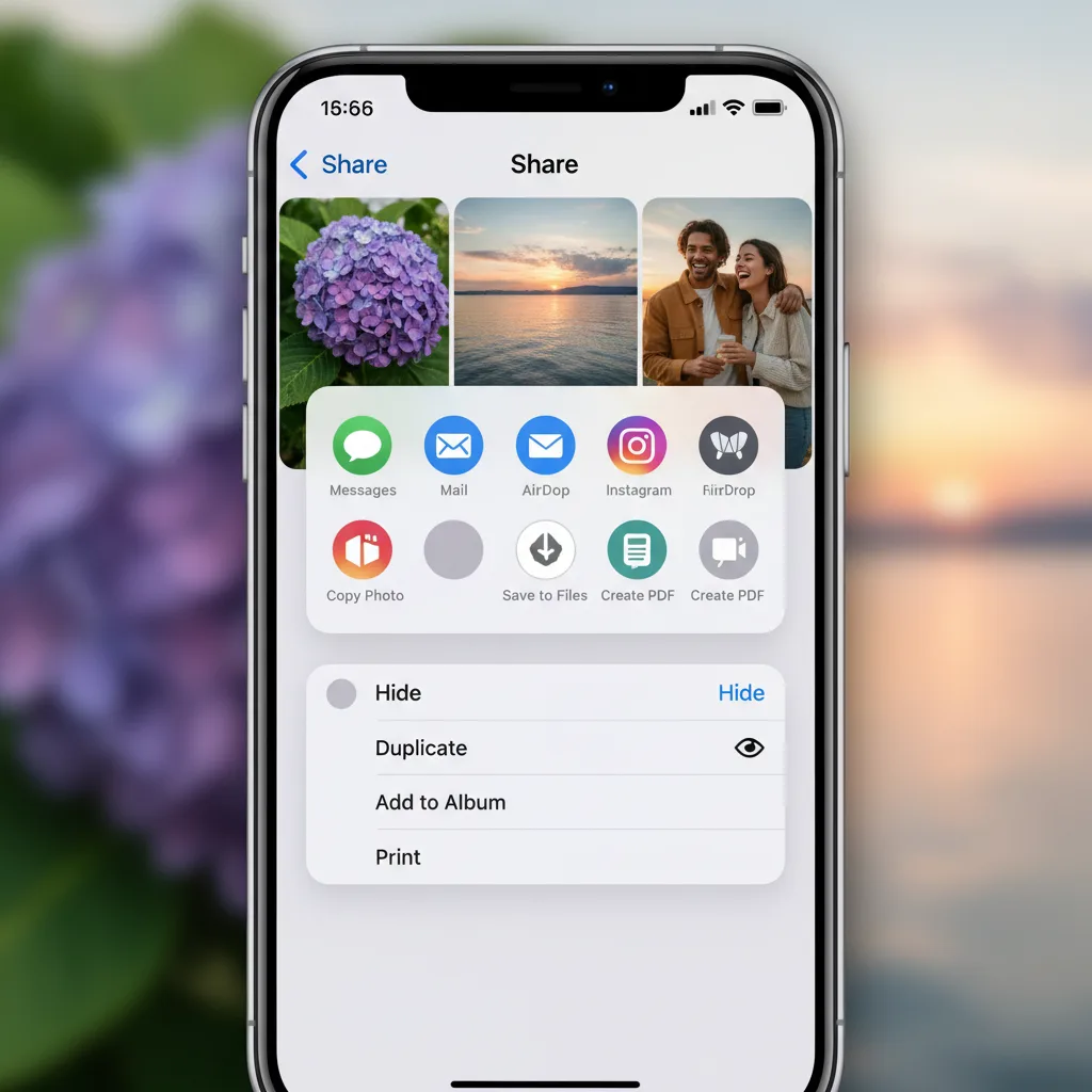 iPhone share sheet showing the Hide option for selected photos