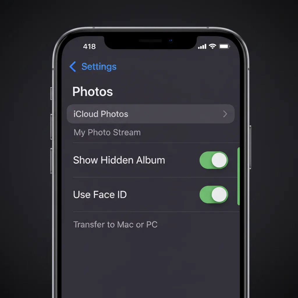 iPhone Settings Photos page showing Show Hidden Album and Use Face ID toggles enabled