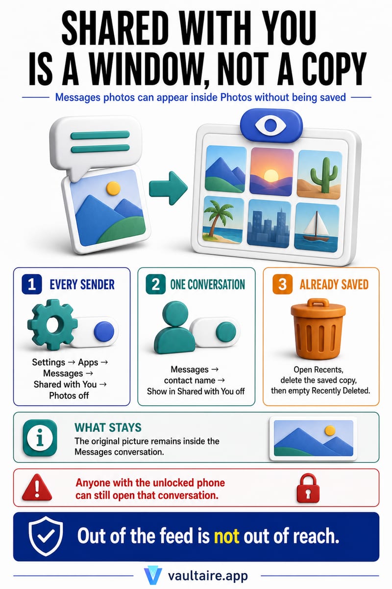 Hide Shared with You Photos on iPhone — illustrated Vaultaire guide card