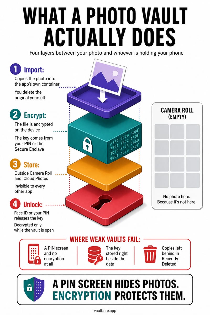 How Do Photo Vault Apps Work? What Actually Happens — illustrated Vaultaire guide card