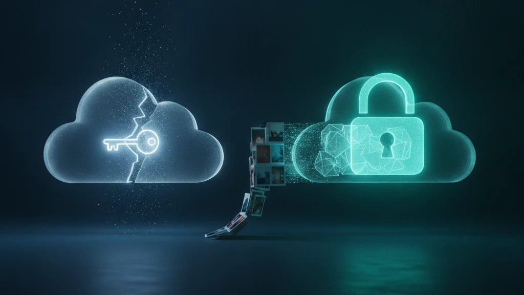 Dunkle technische Illustration eines iPhones mit einem iCloud-Symbol und einem Schloss, das in zwei verschiedene Schlüsselverwahrungszustände aufgeteilt ist
