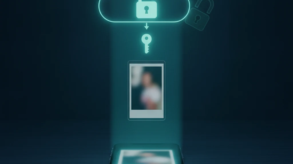 Abstraktní ilustrace iPhonu, z nějž fotografie putuje do cloudu, přičemž se kolem ní uzavírá zámek, jak Pokročilá ochrana dat mění standardní zámek v end-to-end zabezpečení.