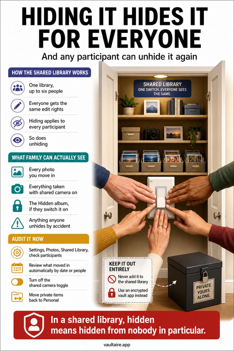 Can Family See Your Hidden Photos in iCloud Shared Library? — illustrated Vaultaire guide card