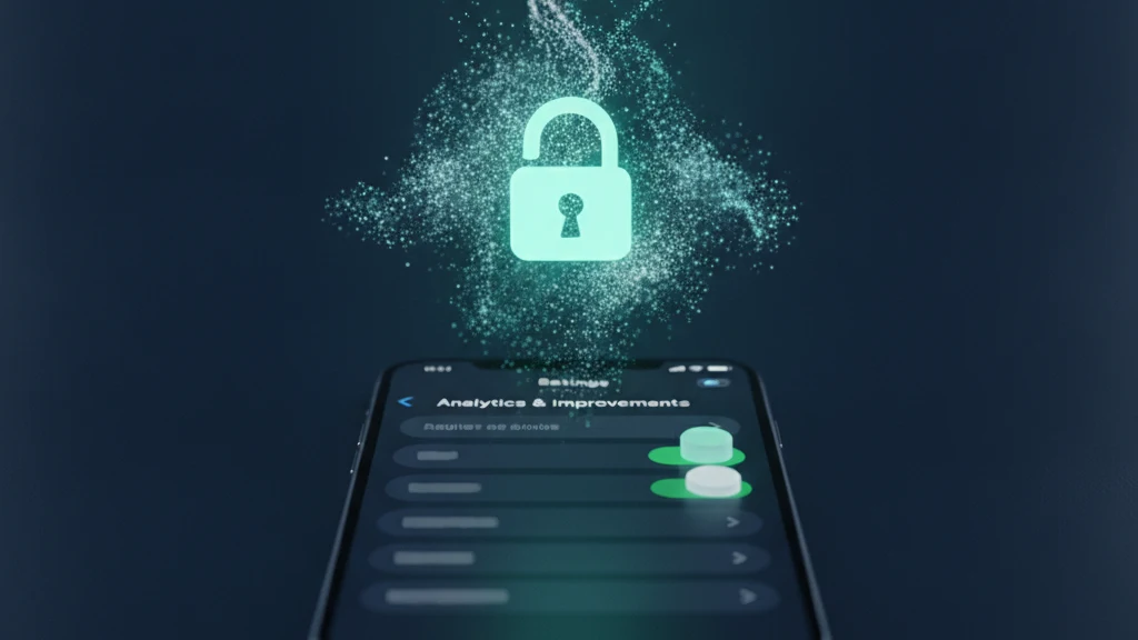 En iPhone på et mørkt skrivebord med indstillingerne Analyse og forbedringer åbne, hvor kontakten Del iPhone-analyse slukkes bag en lysende teal hængelås