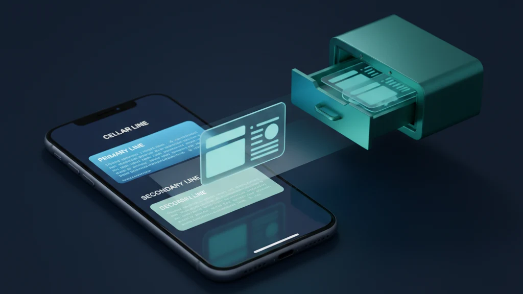 Ein iPhone mit einer zweiten Mobilfunknummer in den Einstellungen neben einem Tresor, der Fotos und Dokumente aus einer Burner-Nummer enthalt