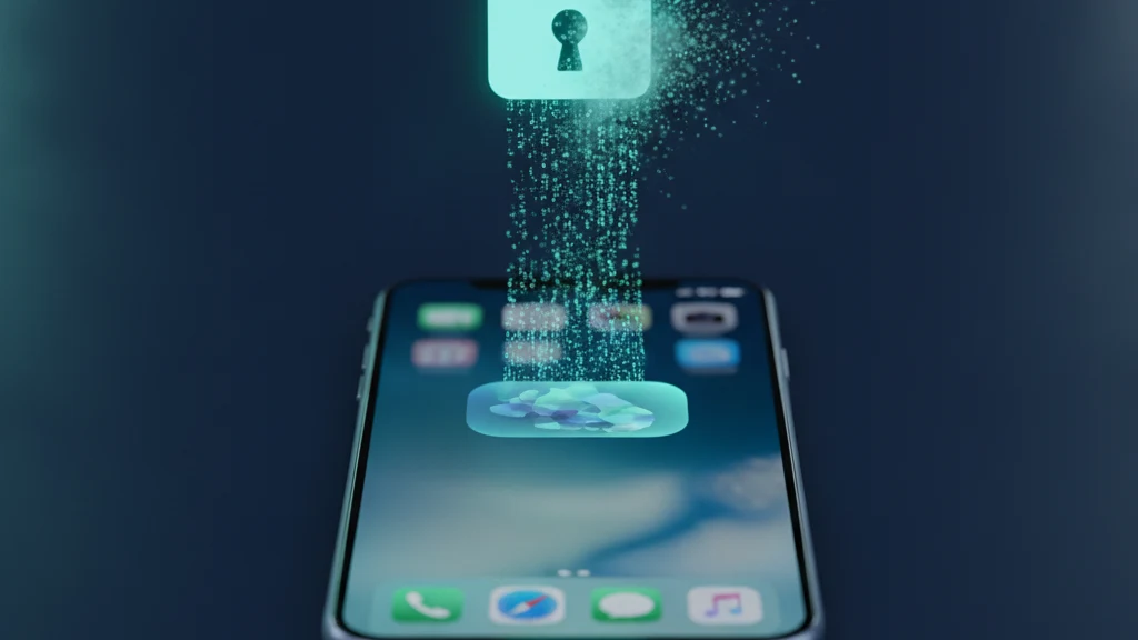 Un iPhone sobre una taula fosca que mostra un baner Enganxat des de a la part superior de la pantalla mentre un pany verd brillant segella un flux de text copiat que surt del porta-retalls