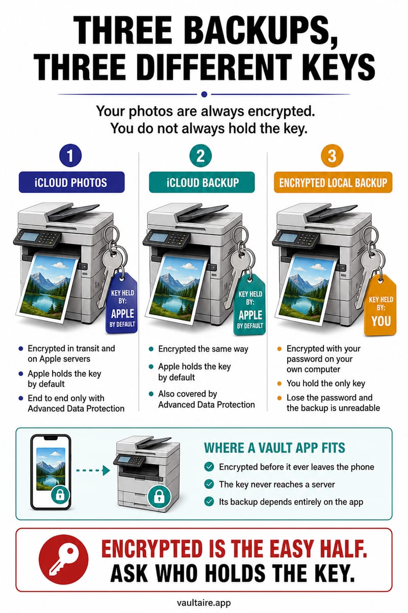 iPhone Photo Backup Encryption: What Is Actually Protected — illustrated Vaultaire guide card