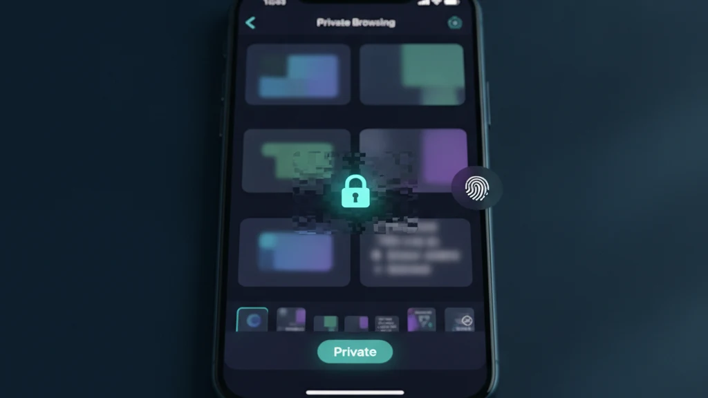 En iPhone pa et morkt skrivebord der viser Safari med Privat browsing og en privat fane forseglet bag en lysende Face ID-hangelaas