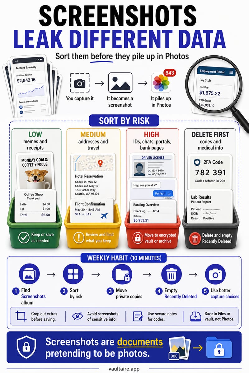 How to Keep Screenshots Private on iPhone — illustrated Vaultaire guide card
