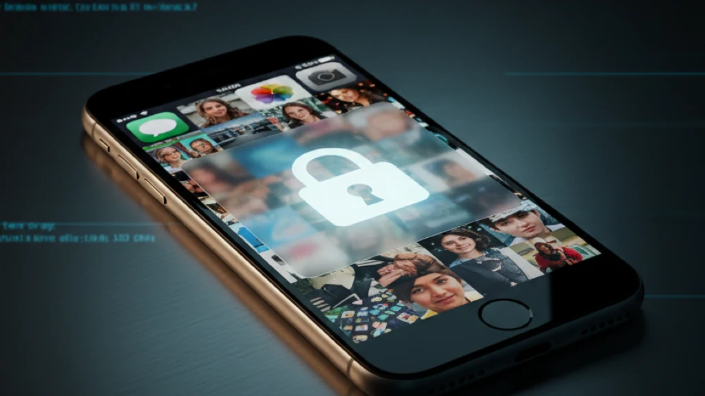 iPhone with locked photos behind frosted glass overlay and padlock icon