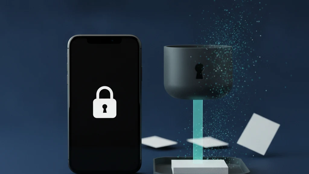 Un iPhone trasllada una pila de fotos del Camera Roll a una aplicació de caixa forta bloquejada, mentre les còpies sobrants es van eliminant.