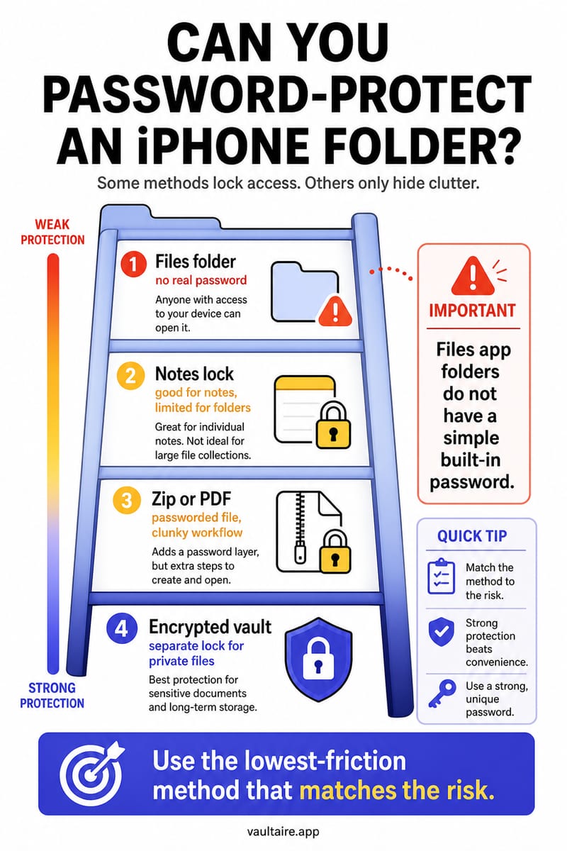 How to Password-Protect a Folder on iPhone (2026) — illustrated Vaultaire guide card
