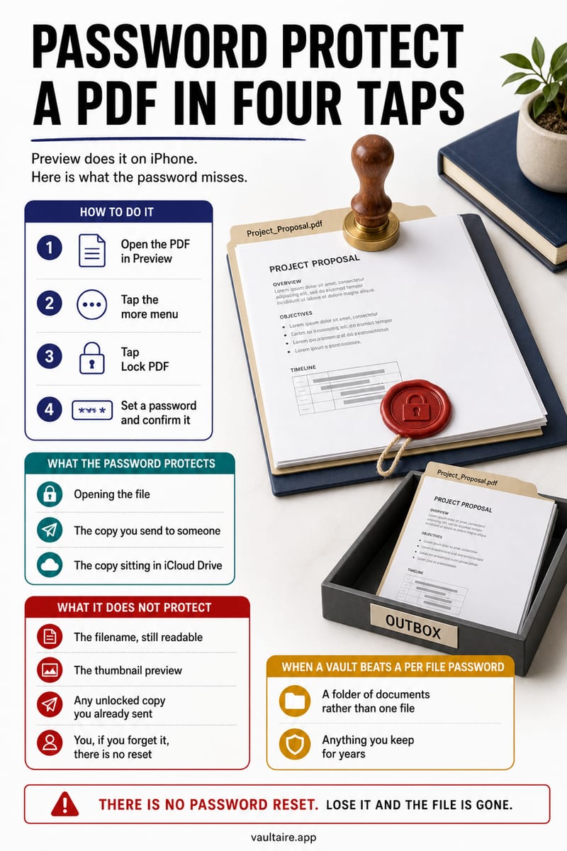 How to Password Protect a PDF on iPhone — illustrated Vaultaire guide card