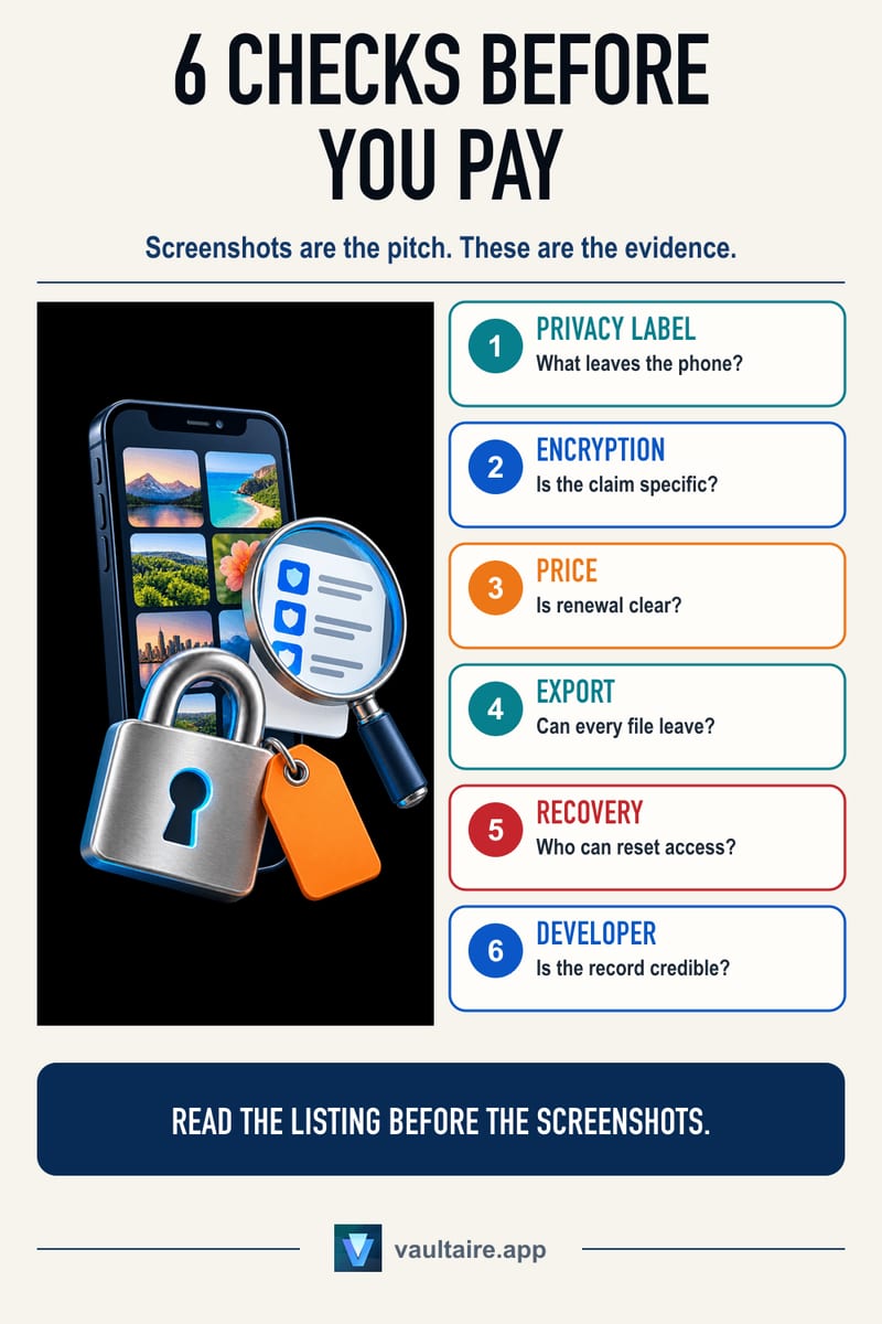 Photo Lock App Buyer's Guide: 6 Checks to Run Before You Pay — illustrated Vaultaire guide card