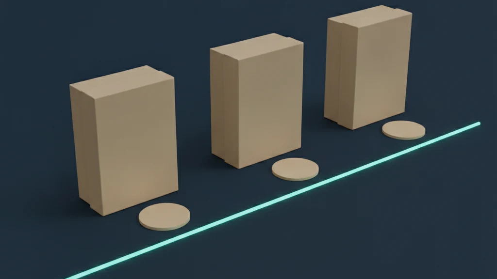 Three identical closed sand colored boxes stand in a row on a deep navy surface, with one small flat sand colored disc lying in front of each box and a single thin teal line of light running across the surface through all three discs.