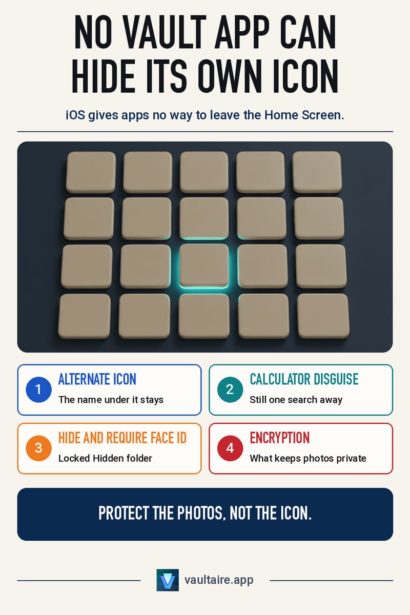 Photo Vault Apps That Hide Their Own Icon on iPhone: What Works — illustrated Vaultaire guide card