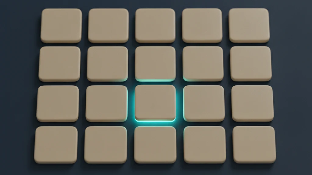 A grid of identical sand coloured tiles on a dark navy surface. One tile near the centre sits slightly raised, and a soft teal glow surrounds its edges while the rest of the grid stays flat and still.