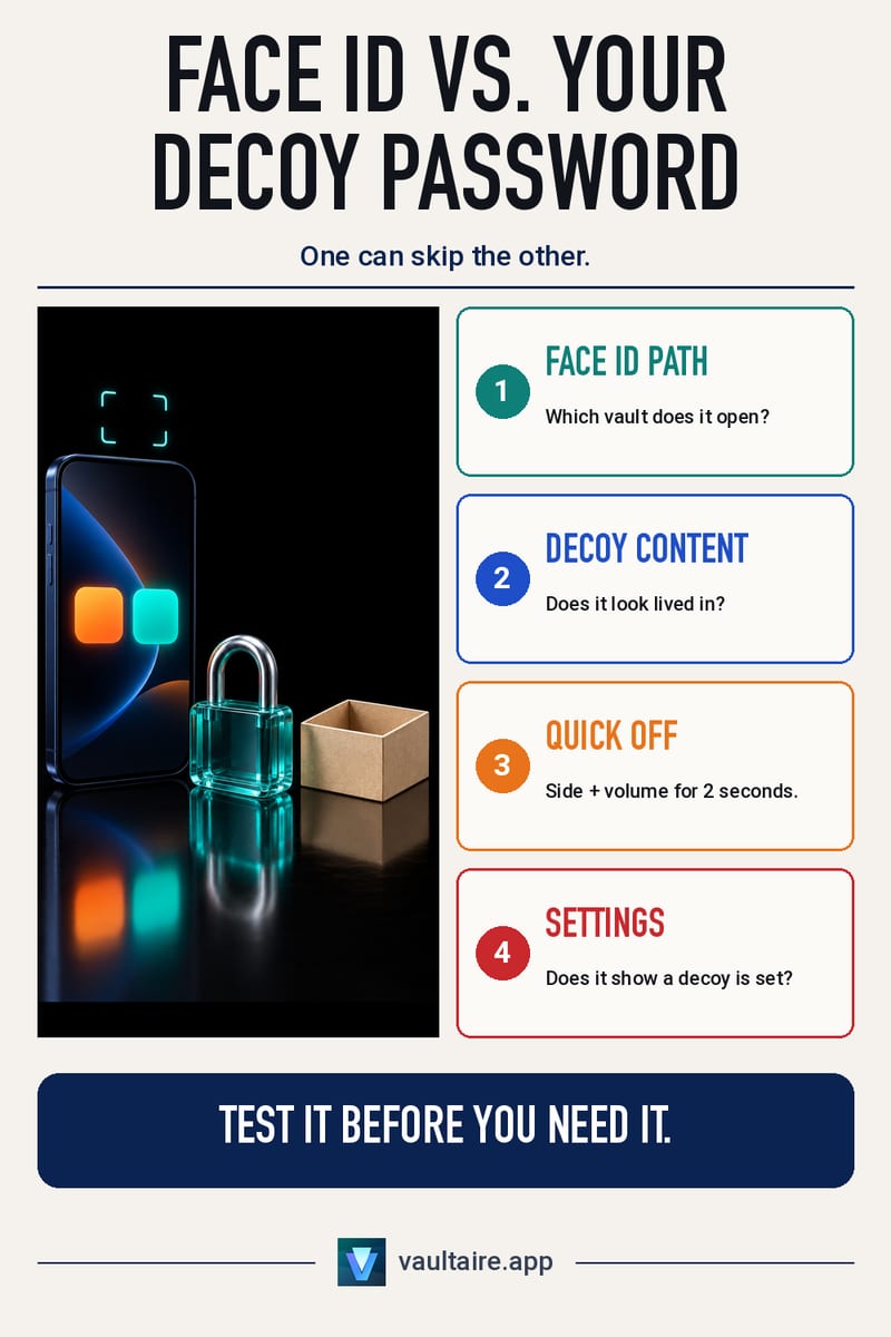 Photo Vault Apps with Face ID and a Decoy Password: What Holds Up — illustrated Vaultaire guide card