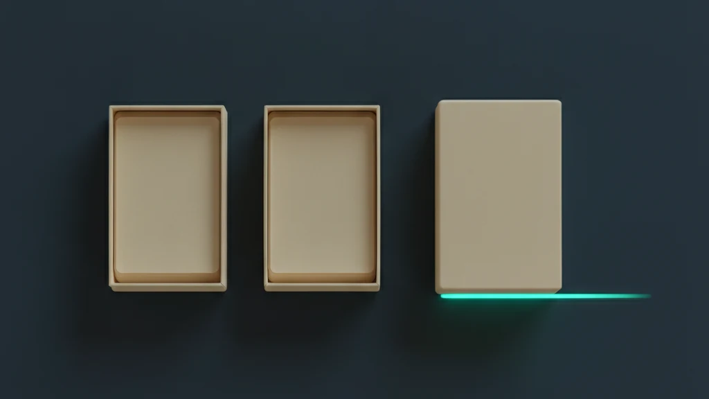 Three sand coloured boxes on a dark navy surface. Two sit open and empty, the third stays closed with a thin teal glow along its lower edge.