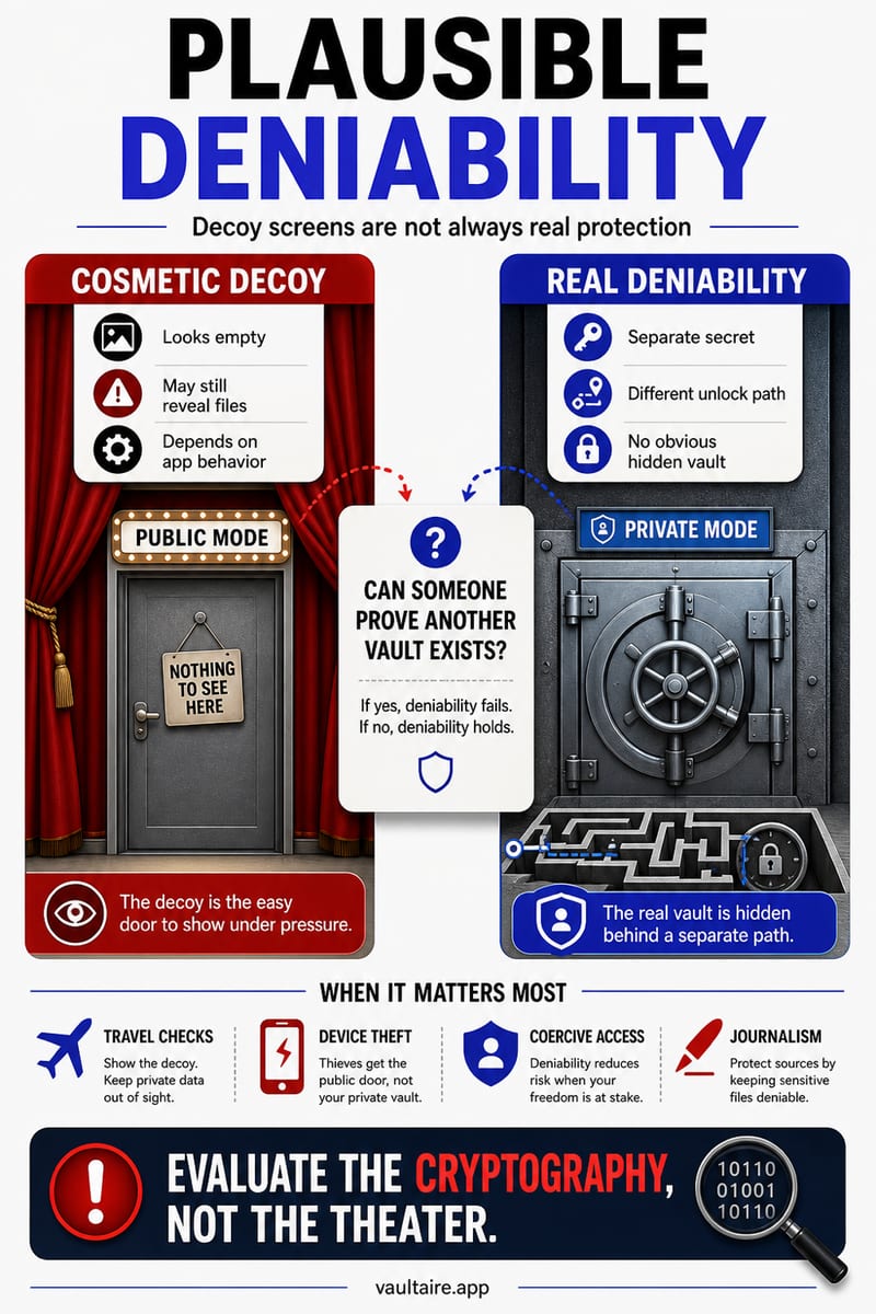 Plausible Deniability in Apps: What It Is and Why It Matters — illustrated Vaultaire guide card